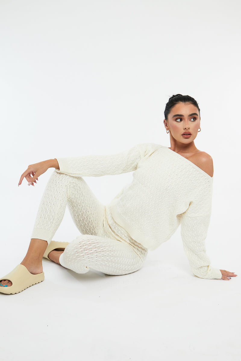 Cream Knit Cropped Jumper & Jogger Set - Kezzie - Size 12/14