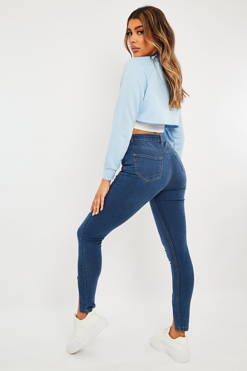 Mid Blue Split Front Skinny Jeans - Martha – Rebellious Fashion