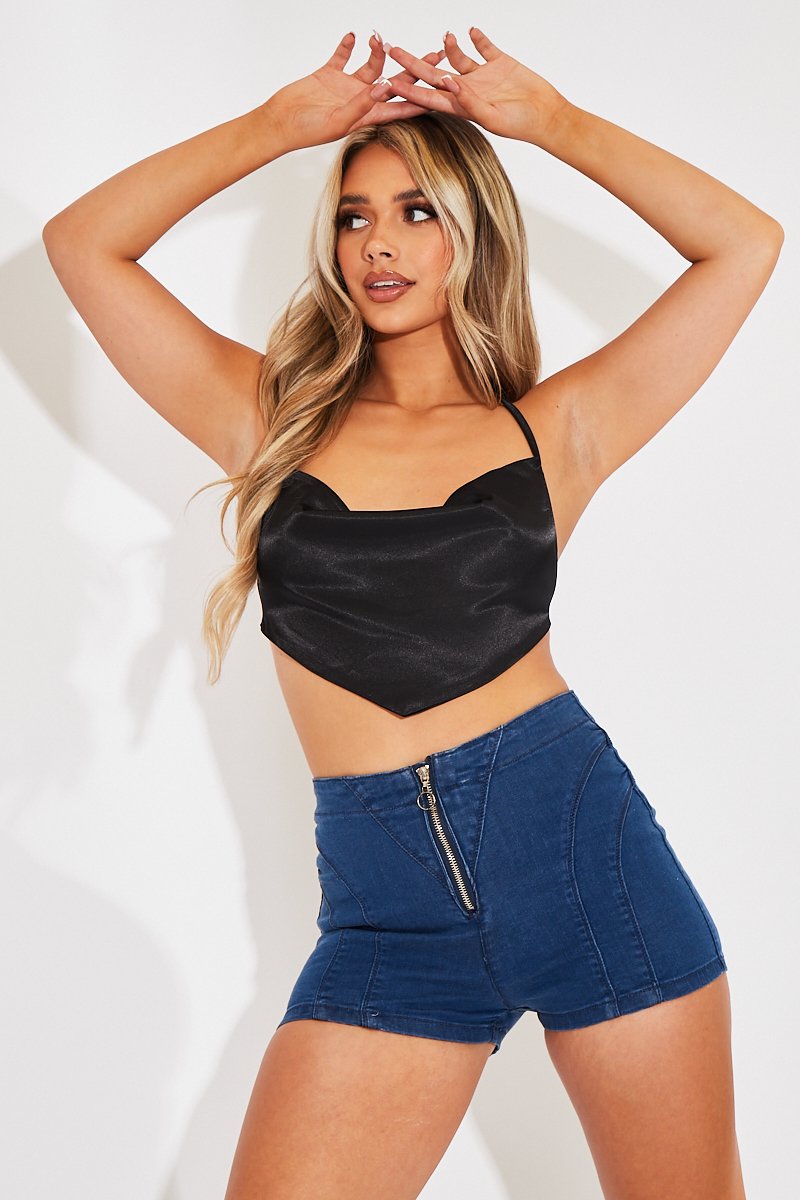 Mid Blue Zip Front Denim Hot Pant Shorts - Rhea - Size 6