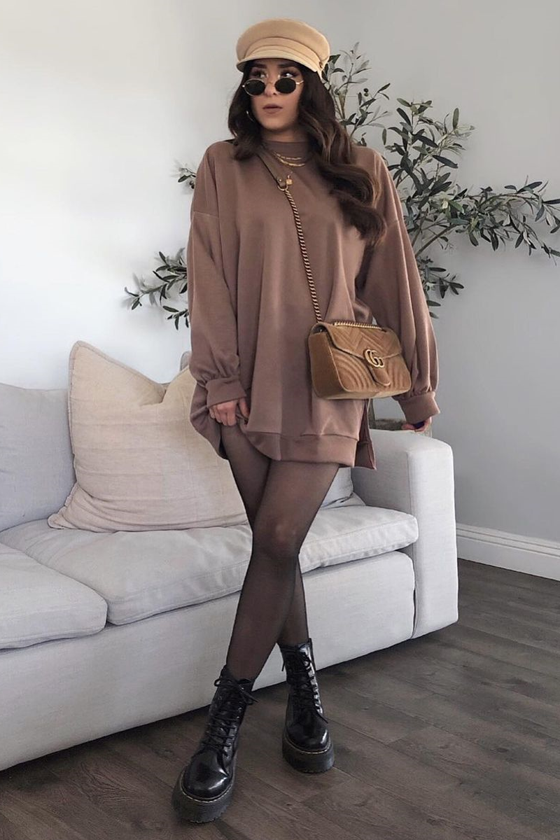 Mocha Oversized Slit Sweatshirt Dress - Kierell - Size 6