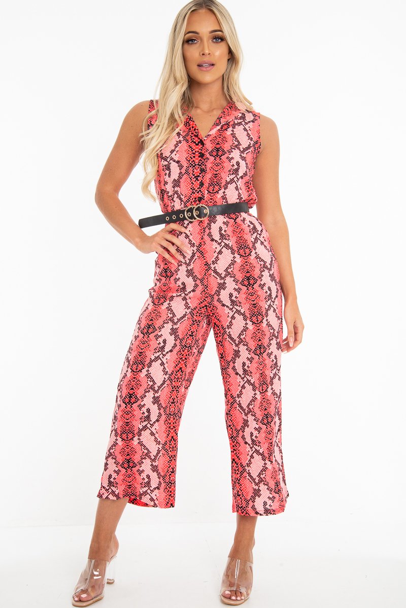 Neon Pink Snake Wide Leg Belted Jumpsuit - Sonny - Size 8