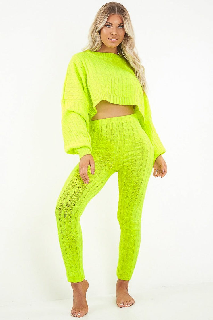 Neon Yellow Cable Knit Batwing Jumper Loungwear Set - Janea