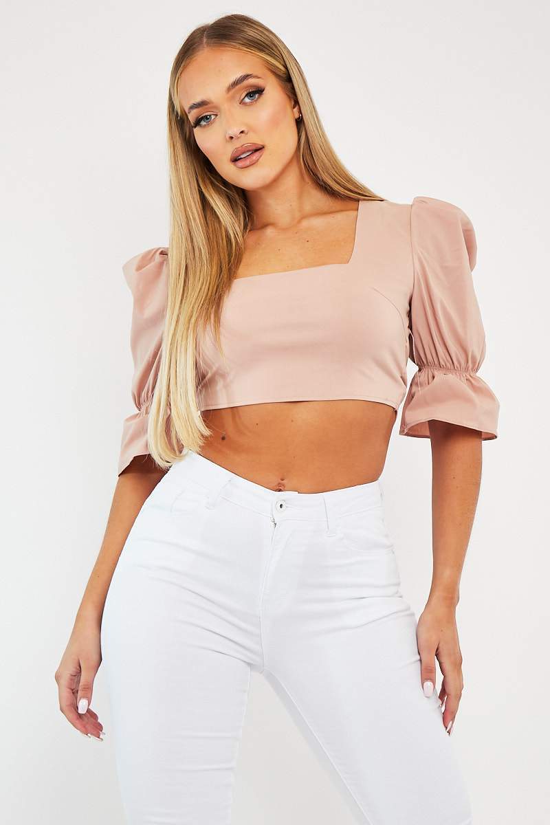 Nude Square Neck Open Back Crop Top - Faisa - Size 8