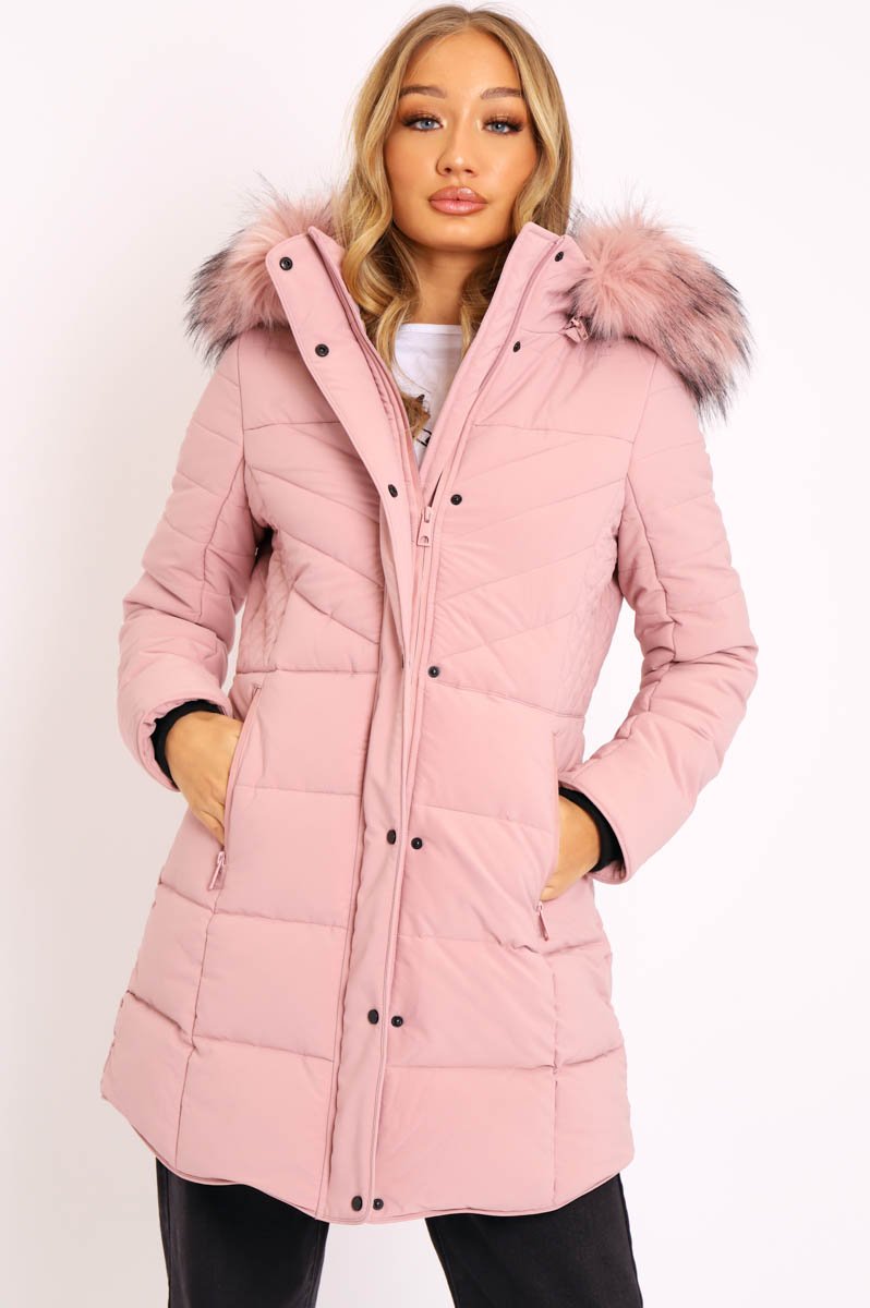 Pink Adjustable Back Long Puffer Coat 