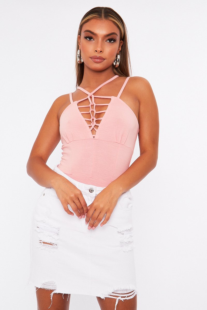 Pink Lace Up Front Bodysuit - Gea - Size 10