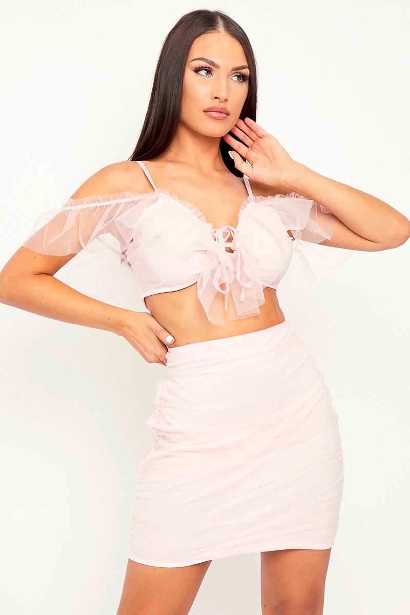 Pink Mesh Frill Crop Top + Skirt Co-ord - Pansy - Size 8