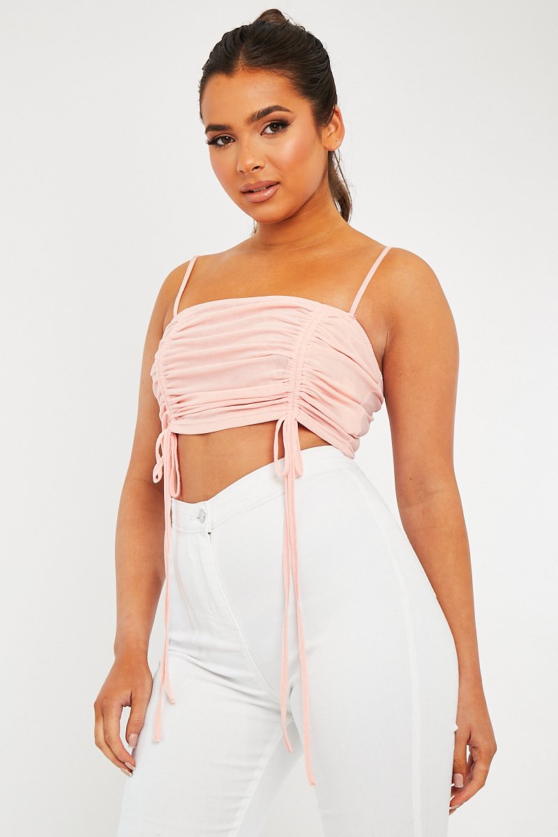 Pink Mesh Ruched Square Neck Crop Top - Leyna - Size 6