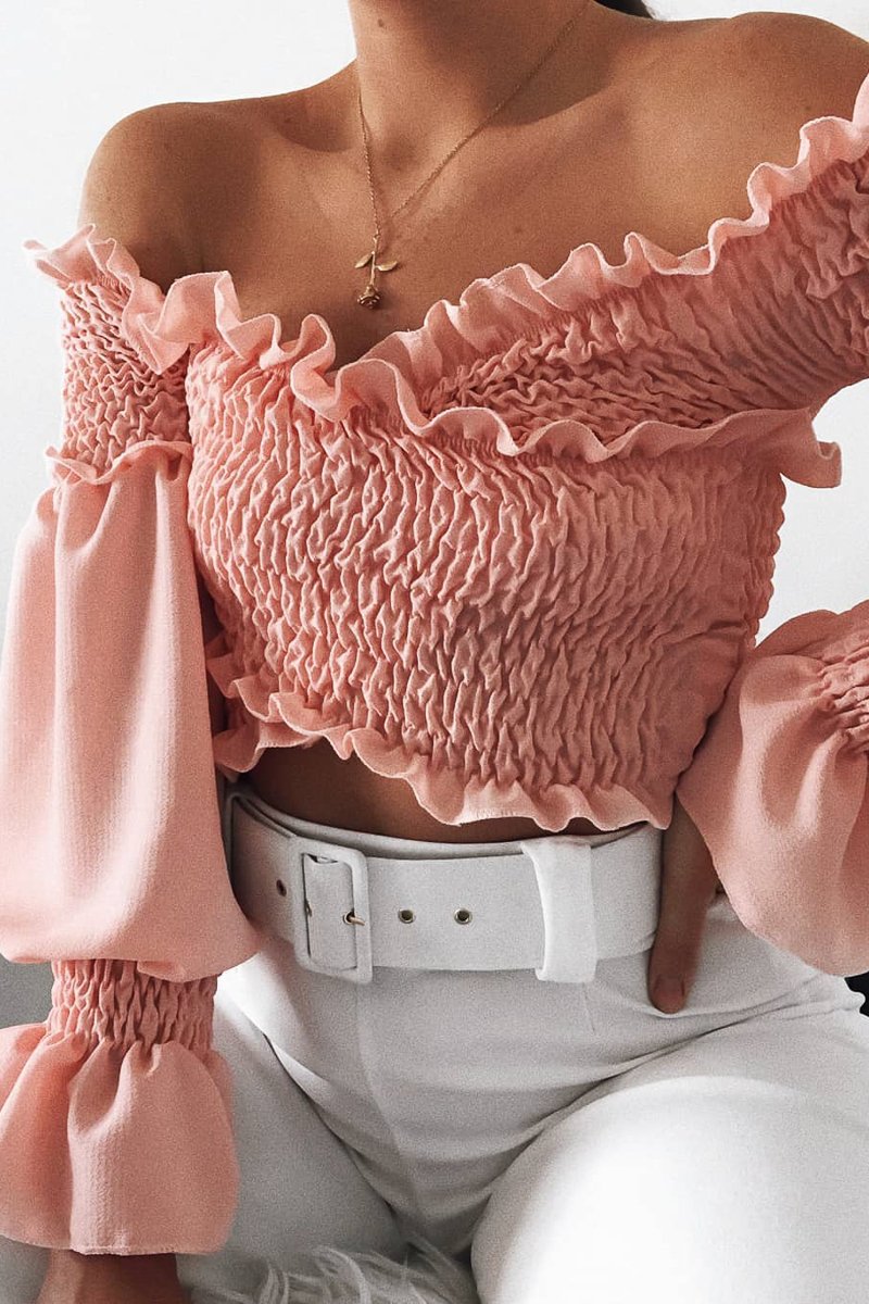 Pink Shirred Wrap Over Bardot Crop Top - Zuri - Size 8