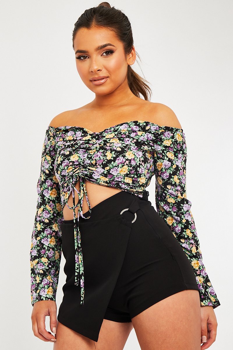 Purple Floral Ruched Centre Bardot Crop Top - Heily - Size 8