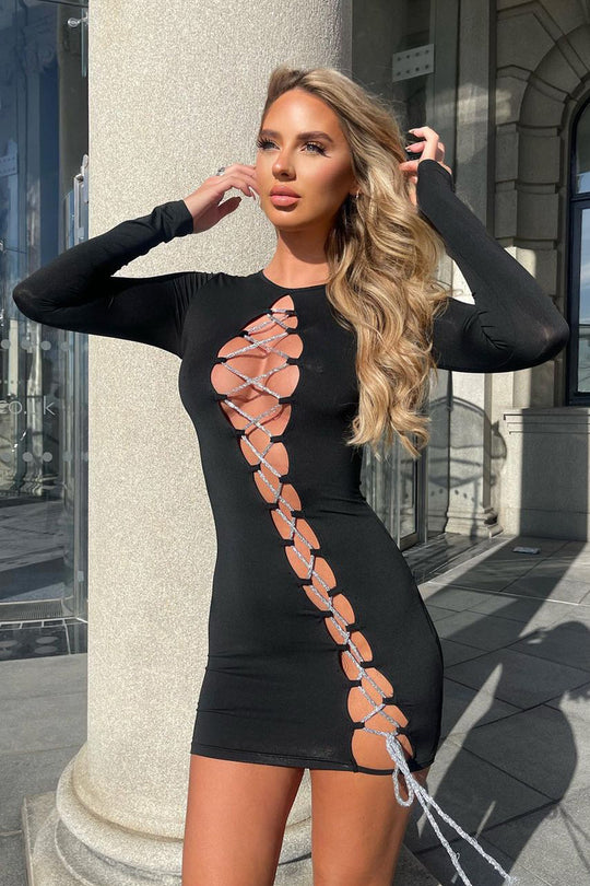 Black Vinyl Bandeau Bodycon Dress, Dresses