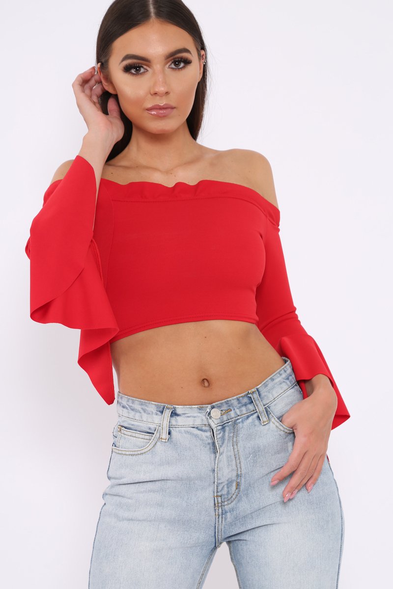 Red Bardot Frill Crop Top with Flared Sleeves - Tiffy - Size 6