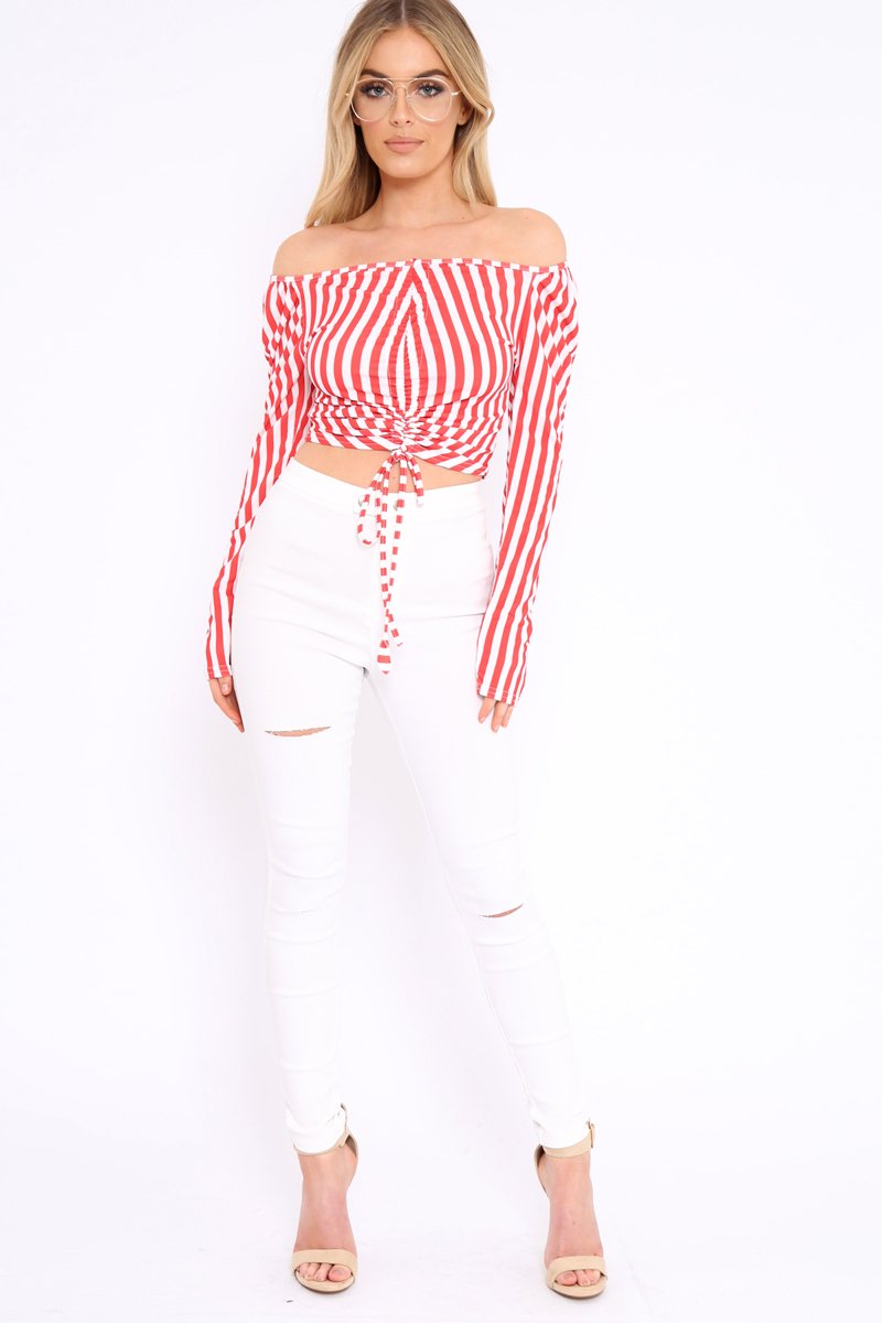 red and white striped bardot top