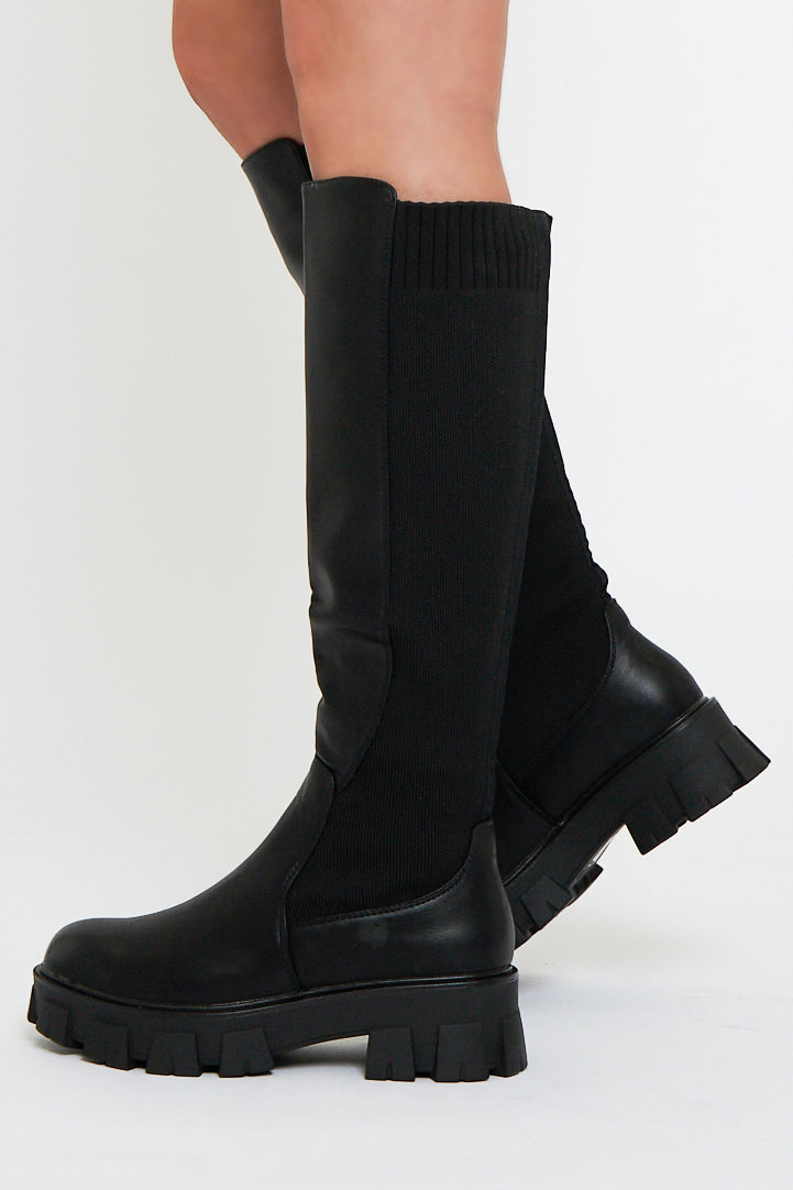 Black Leather Contrast Knee High Chunky Sole Boots - Phileine - Size UK 8 / US 10 / EU 41