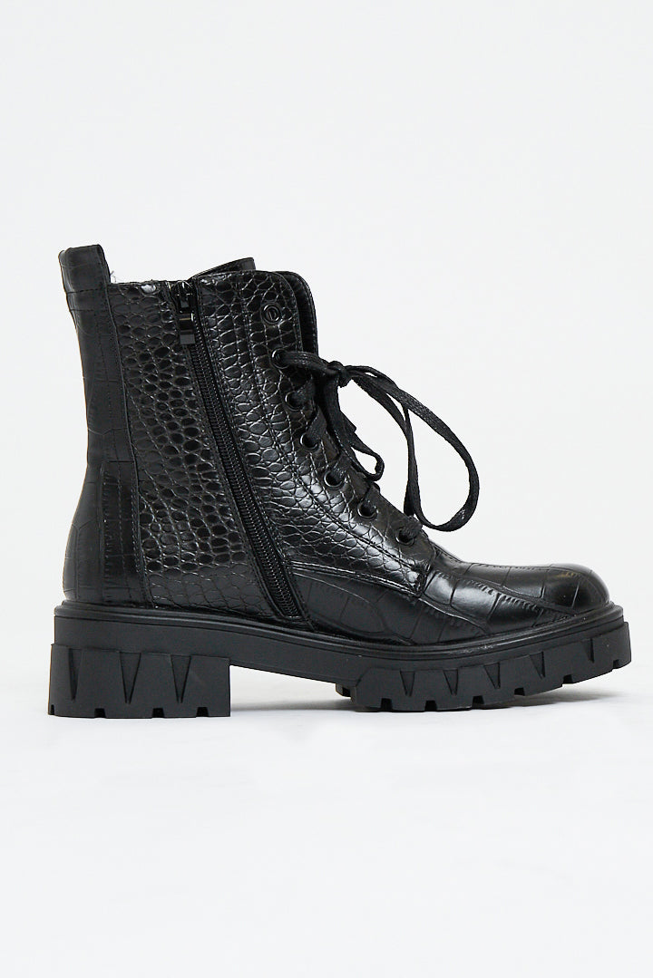 Black Faux Croc Leather Chunky Sole Boots - Myla