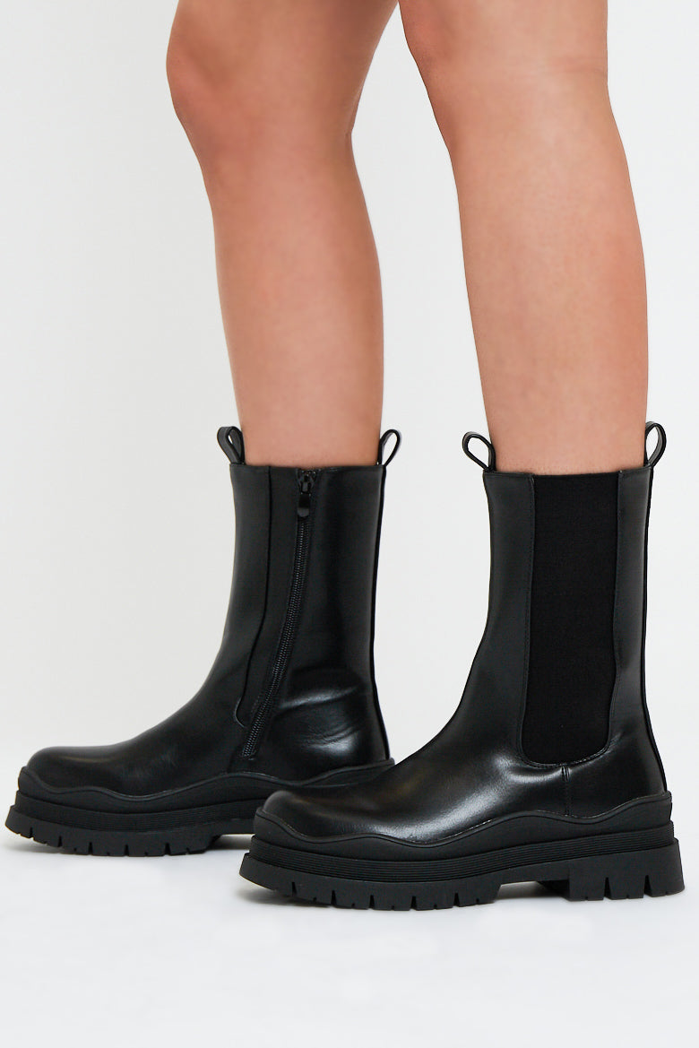 Black Chunky Sole Faux Leather Boots - Maree - Size UK 7 / US 9 / EU 40