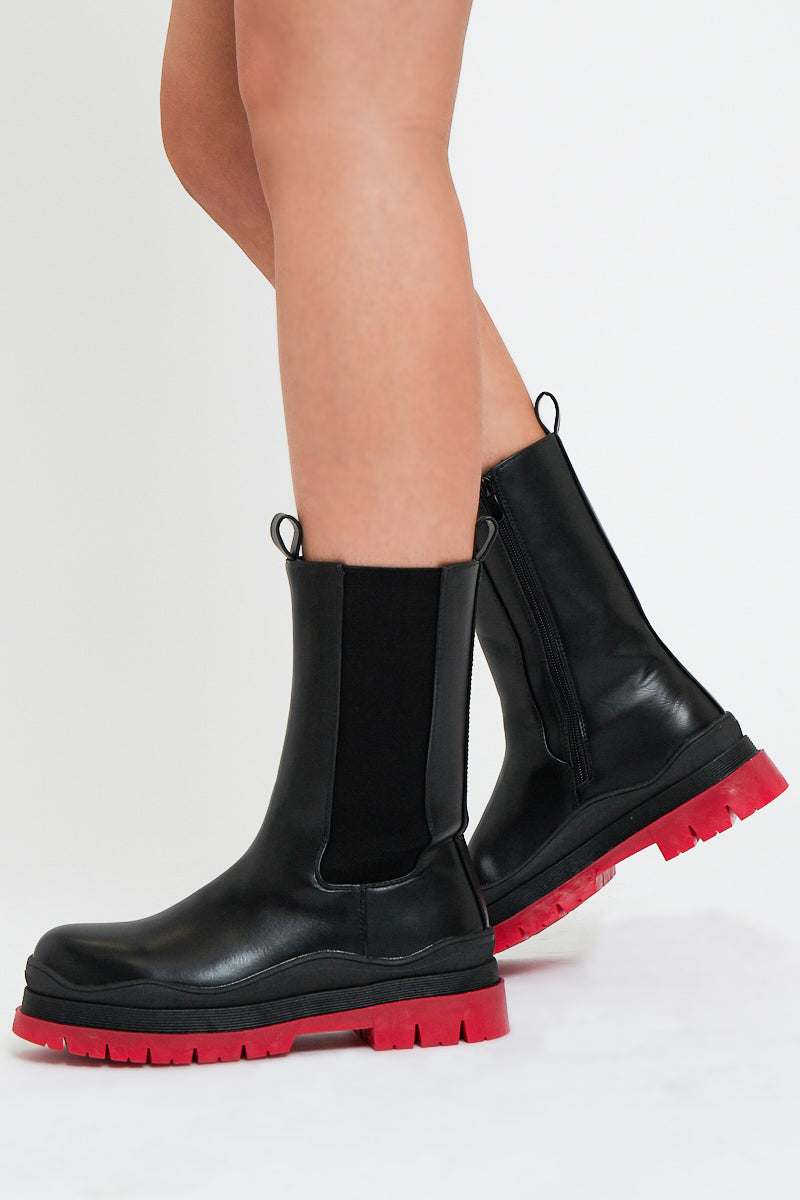 Black Red Chunky Sole Faux Leather Boots - Maree - Size UK 4 / US 6 / EU 37