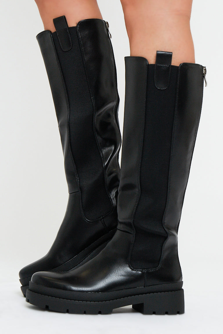 Black PU Leather Knee High Boots - Temi - Size UK 6 / US 8 / EU 39