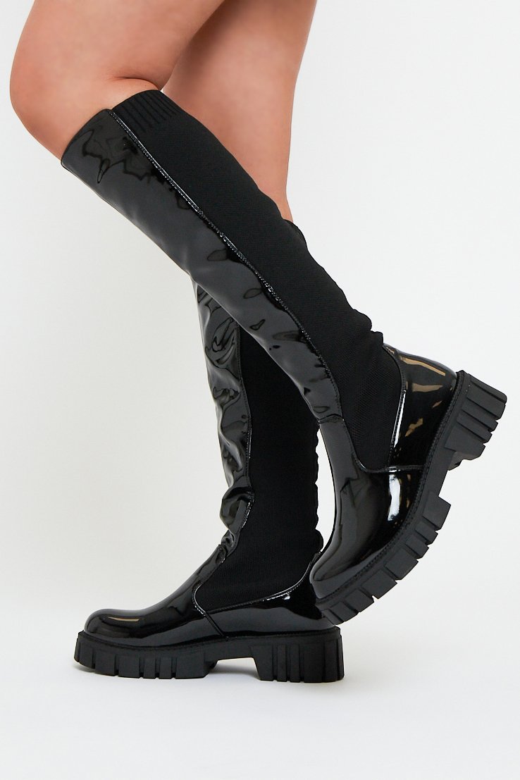 Black PU Patent Faux Leather Knee High Boots - Lain - Size UK 3/ US 5 / EU 36
