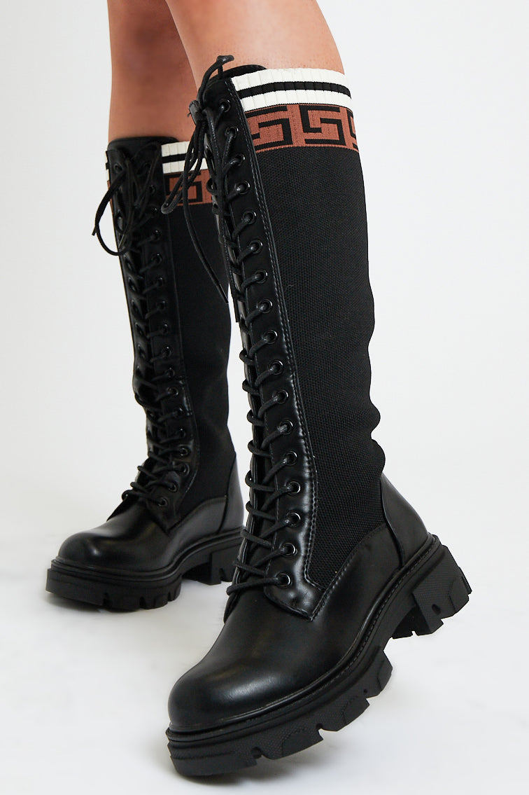 Black PU Faux Leather Contrast Detailing Knee High Boots - Bevie - Size UK 8 / US 10 / EU 41