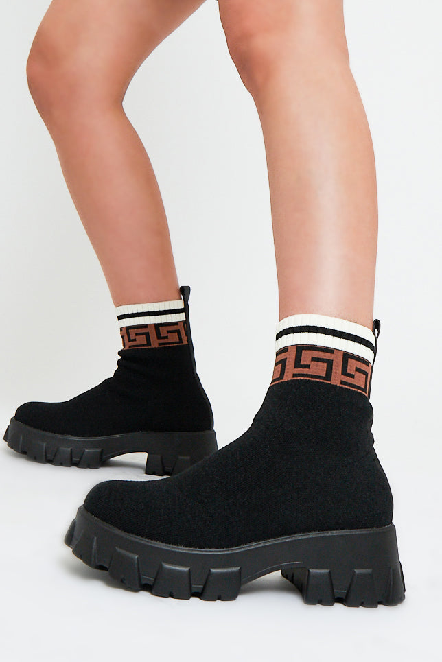Black Patterned Ankle High Chunky Sole Sock Boots - Bana - Size UK 8 / US 10 / EU 41