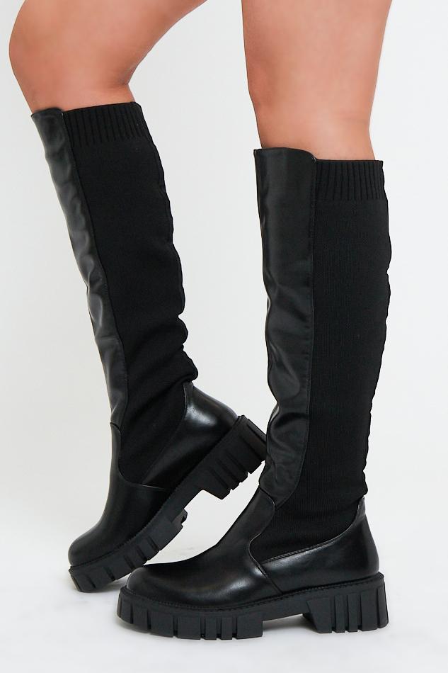 Black PU Faux Leather Knee High Boots - Azel - Size UK 7 / US 9 / EU 40