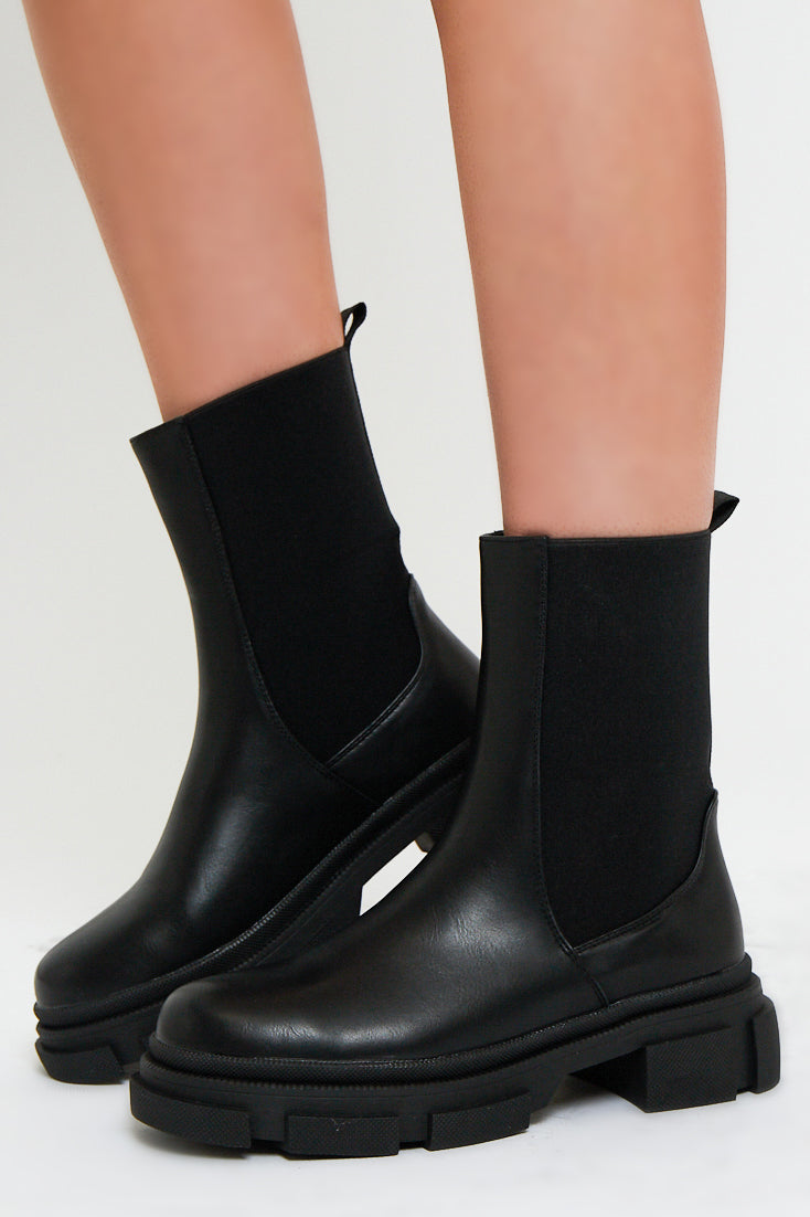 Black Faux Leather Ankle High Biker Boots - Alija - Size UK 8 / US 10 / EU 41