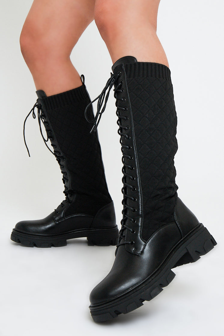 Black Lace Up PU Leather and Quilted High Boots - Salva - Size UK 6 / US 8 / EU 39