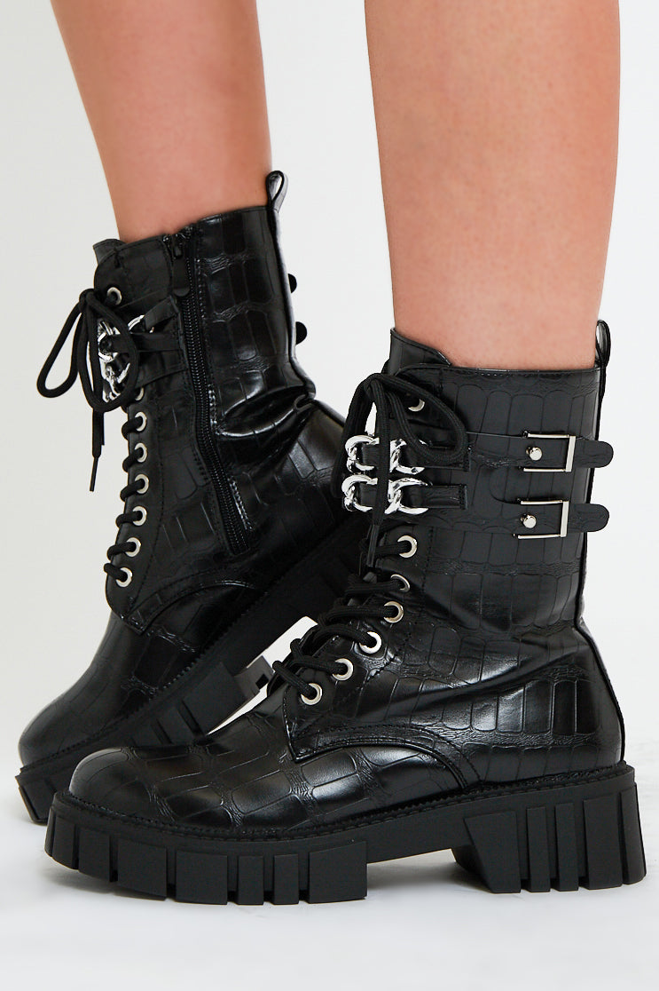 Black Faux Croc Leather Double Chain Biker Boots - Halee - Size UK 4 / US 6 / EU 37