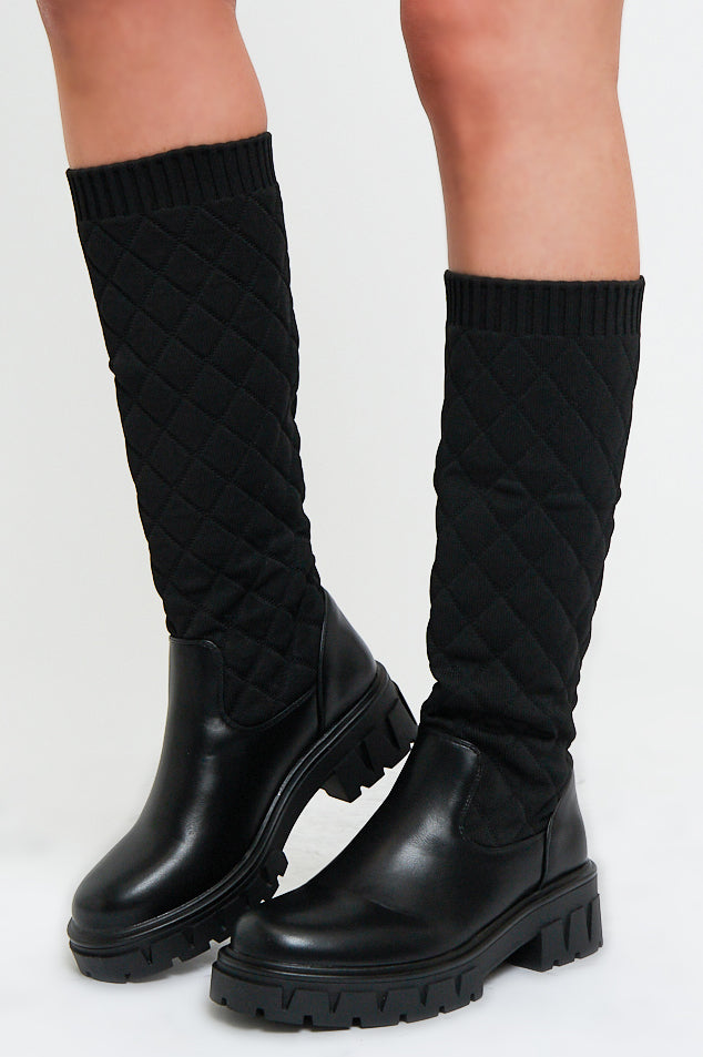 Black Quilted Detail Knee High Boots - Bethsy - Size UK 3/ US 5 / EU 36