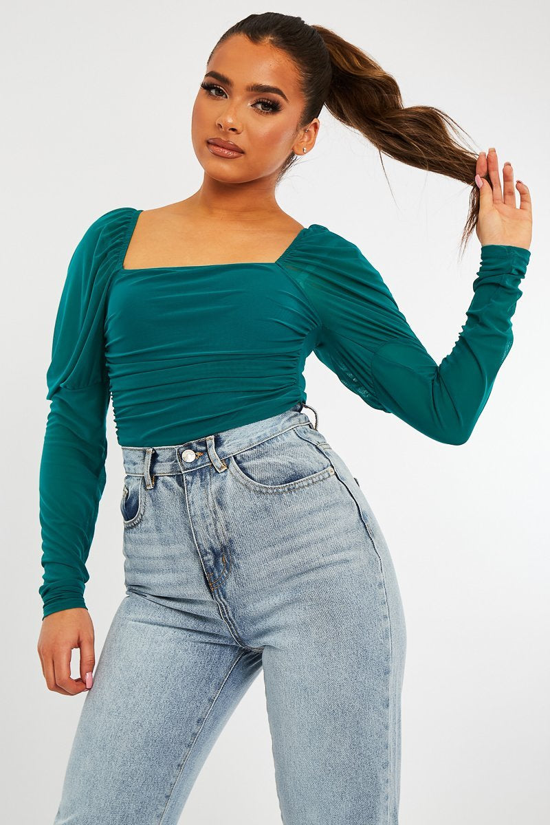 Teal Ruched Body Mesh Sleeve Bodysuit - Raeya - Size 8