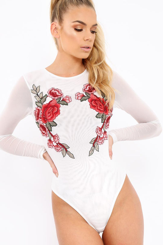 White Sheer Lace Plunge Long Sleeve Bodysuit - Janica – Rebellious