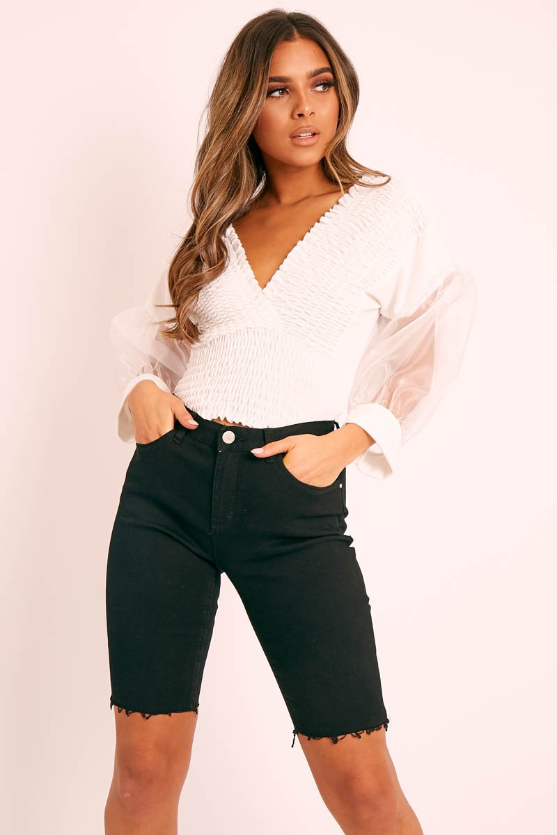 White Shirred Plunge Crop Top - Reina - Size 6