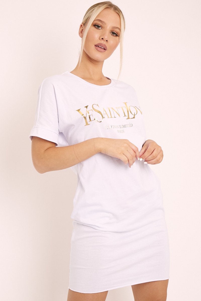 White and Gold Parisian Slogan T-shirt Dress - Claire - Size 8