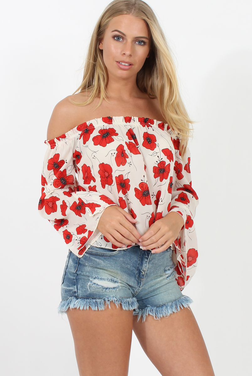 White and Red Floral Bardot Three Quarter Bell Sleeve Crop- Chantelle ...