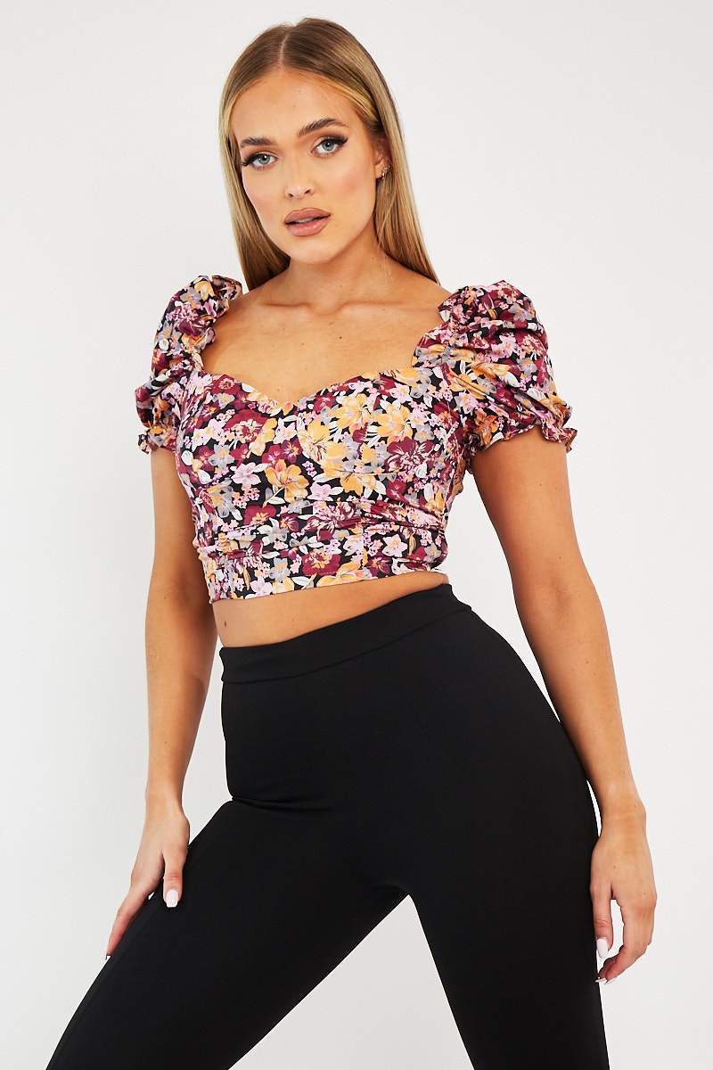 Wine Floral Puff Sleeve Crop Top - Ellorie - Size 10