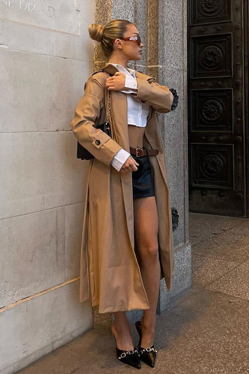 Beige Faux Leather Oversized Double Breasted Trench Coat- Xia - Size 12