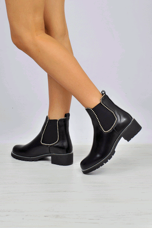 Black Shiny PU Stud Detail Ankle Boots 