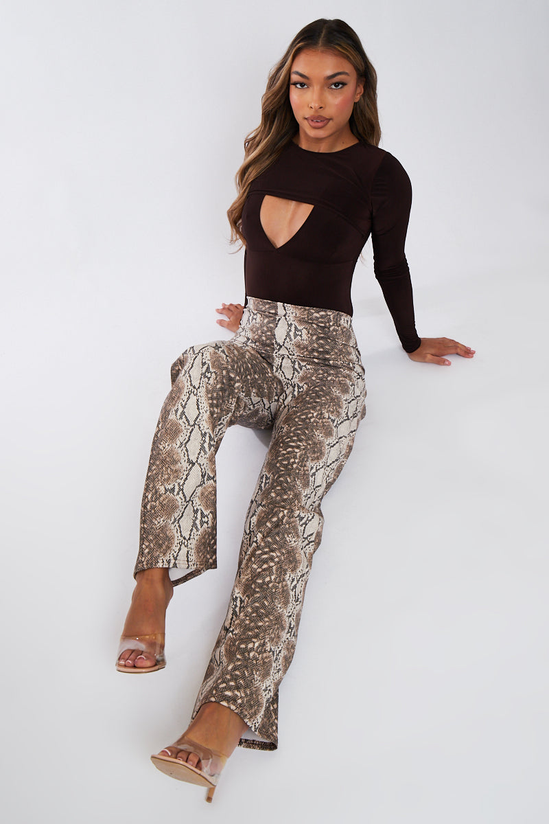 Beige PU Snake Print Leather Straight Leg Trousers - Jodie - Size 6