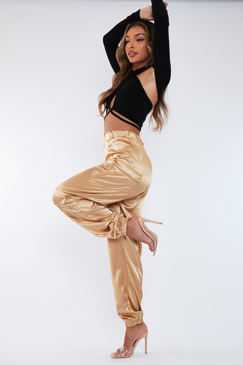 Gold Satin Cargo Trousers - Maeve - Size 6