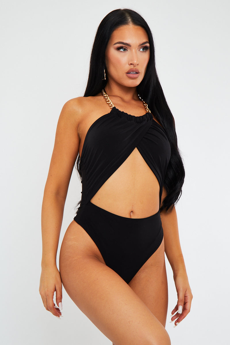 Black Crossover Chain Halterneck Bodysuit - Mariel