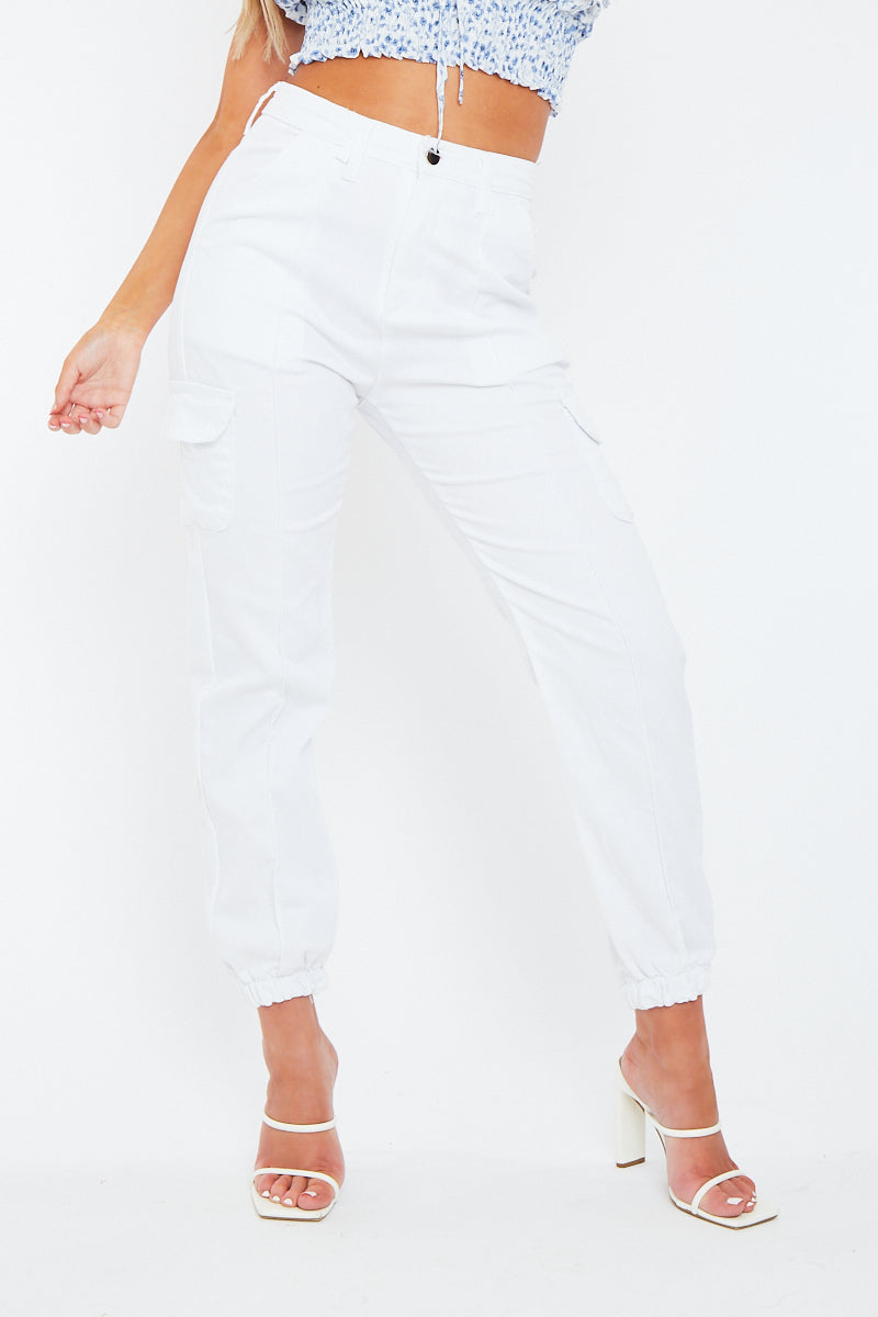 White Cuffed Cargo Trousers | Cargo Trousers | Rebellious Fashion