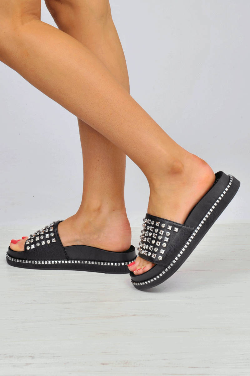 Black Studded Flatform Sandals - Shira 
