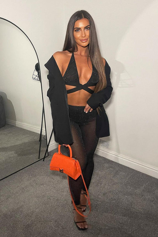‘Charley’ Black Ribbed Long Sleeve Crop Top And Legging Co Ord Set
