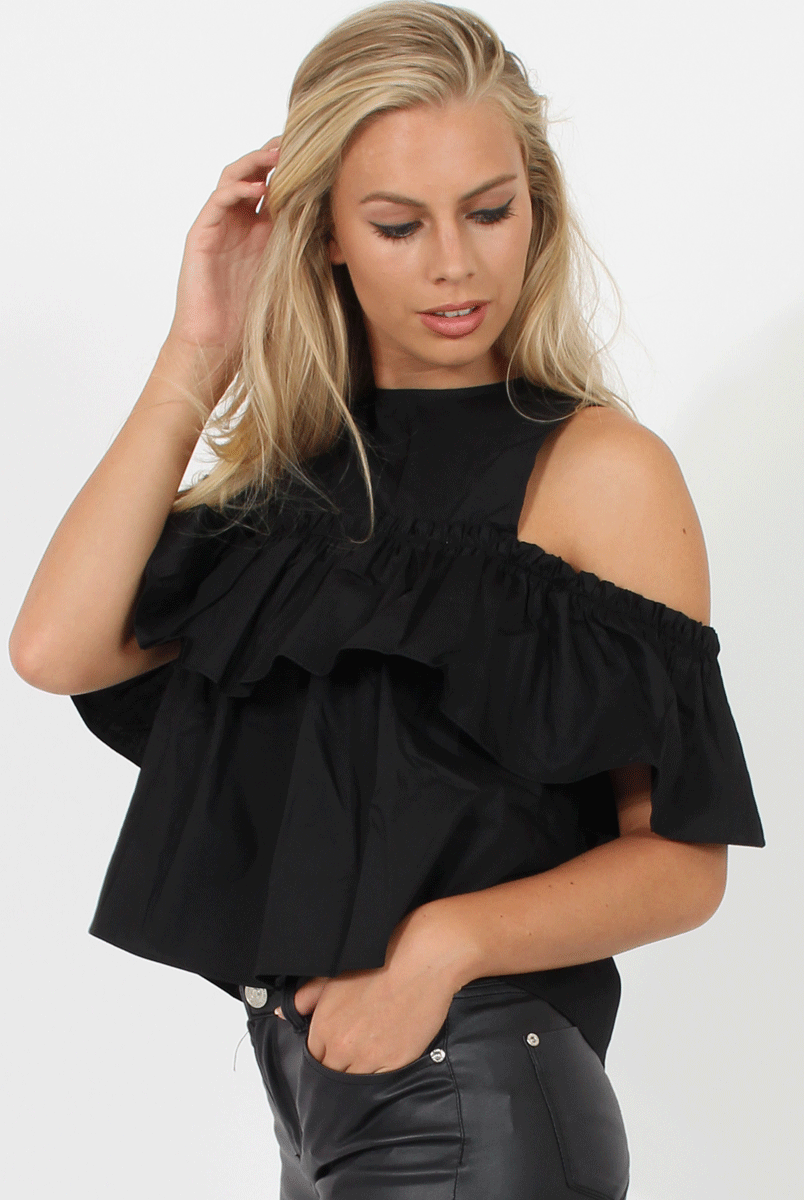 Black Cold Shoulder Frill Layer Top - Ursula