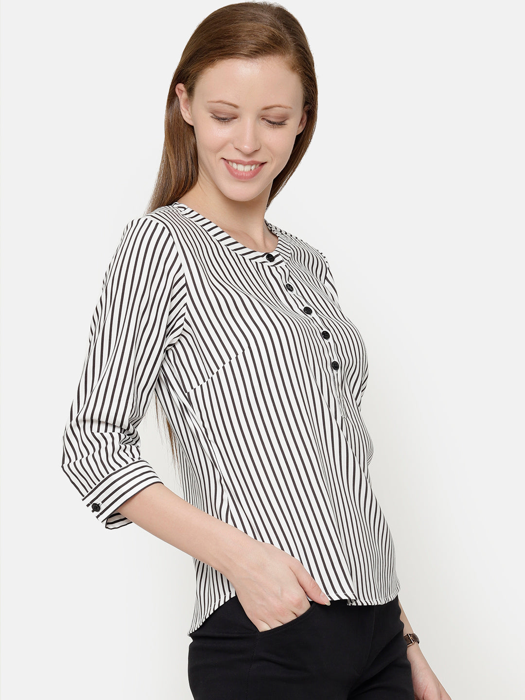 Black and white Stripes Round Neck Top-S