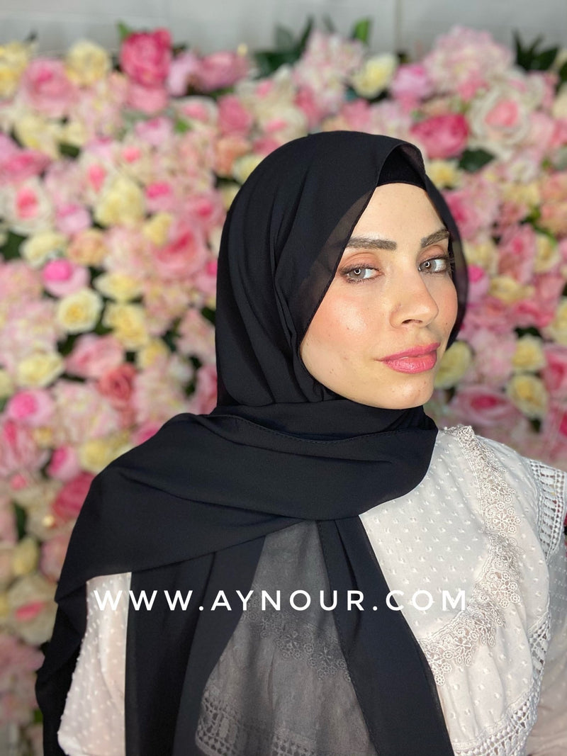 Black new ribbon no pin chiffon scarf Instant Hijab 2021 - Aynour.com