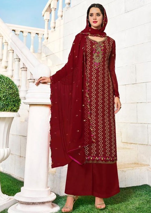 Red Faux Georgette Embroidered Plazo Suit