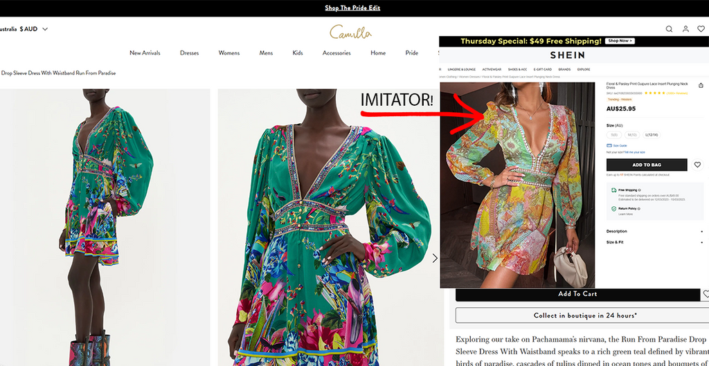 shein copies camilla dress knock off rip off design 