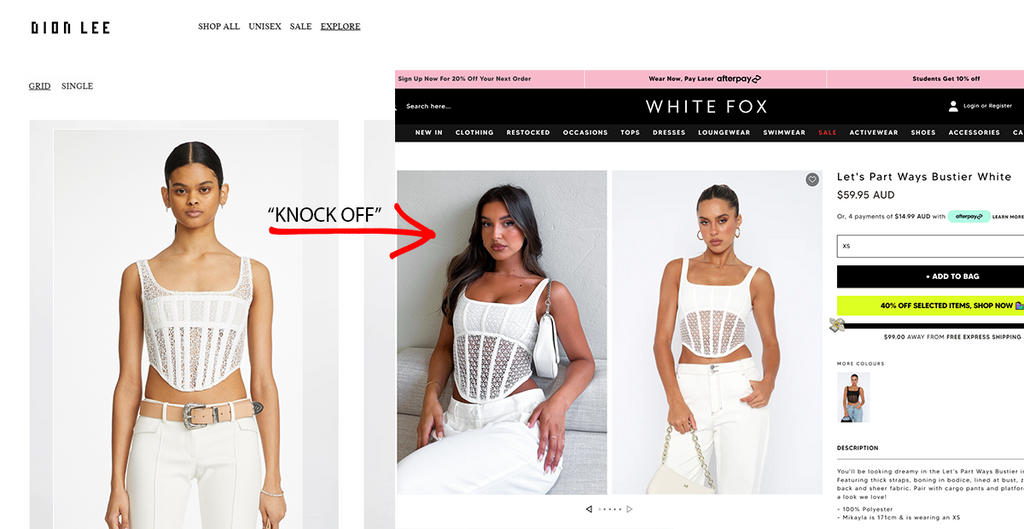 Dion lee imitator white fox boutique steals Australian designers collection