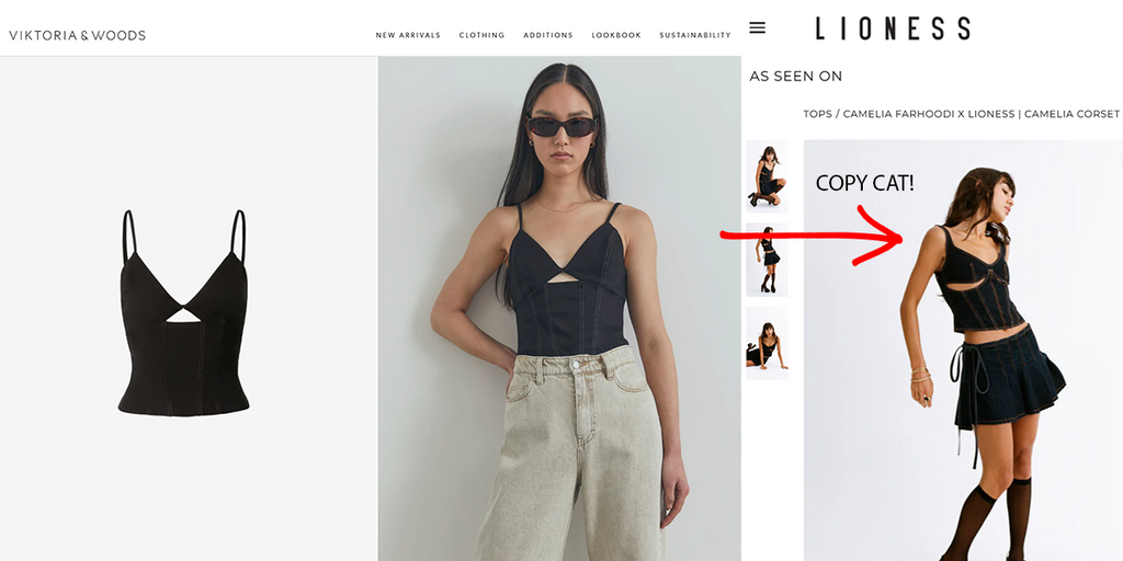 viktoria and woods is copied by lioness, fast fashion knock off rip off stolen design